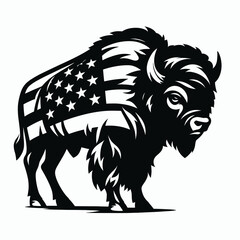 Bison with american flag. Funny Animal Vector Clip art. Patriotic buffalo usa banner image national symbol.