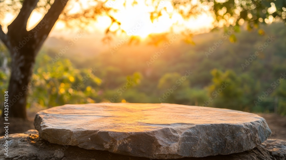 Poster close-up view of a rustic stone pedestal in a tranquil outdoor setting, highlighted by gentle lighti