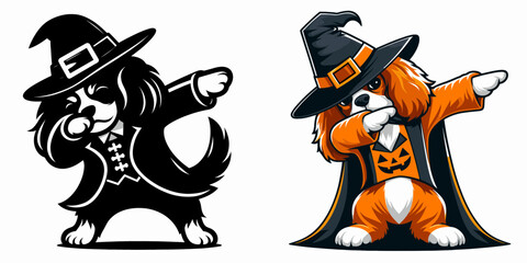 Cavalier King Charles Spaniel Dog wear halloween costume and pose dabbing. Funny Animal Vector Clip art. Ruby canine in spooky attire dabbing celebration posture.