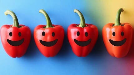 Happy bell peppers smile on blue and yellow background