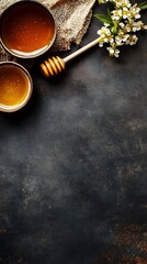 Fototapeta premium Rustic Honey Still Life with Honeycomb Dipper and Blossom on Dark Texture