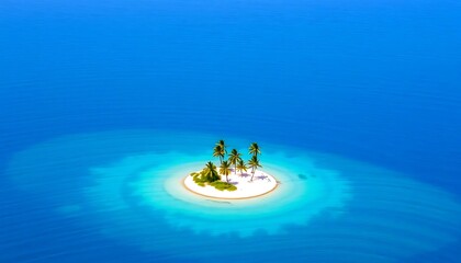 A breathtaking aerial view of a secluded tropical island paradise with lush palm trees, surrounded by crystal-clear turquoise waters, a dreamy escape.