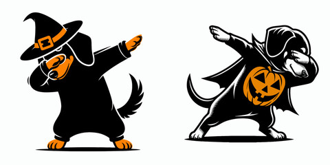 Dachshund Dog wear halloween costume and pose dabbing. Funny Animal Vector Clip art. Weiner canine trick-or-treat garb do silly dab.