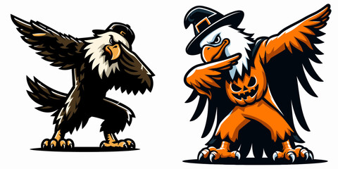 Naklejka premium Eagle wear halloween costume and pose dabbing. Funny Animal Vector Clip art. Bird apparel spooky fancy dress striking dabbing attitude.