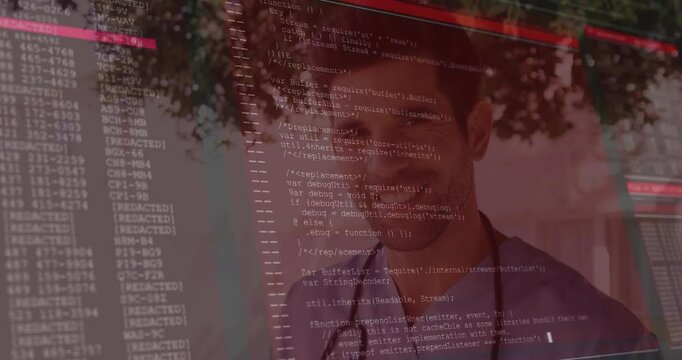 Male developer smiling at camera in tech studio, with animated JavaScript code overlay