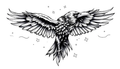 A meticulously detailed black and white illustration of a majestic raven in flight, adorned with stars and subtle swirling lines, perfect for tattoo inspiration.
