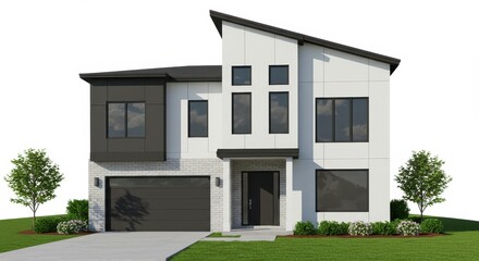 Modern two story house with white and gray siding and a garage on a green lawn with trees