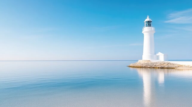 A solitary white lighthouse standing on rocky outcrop overlooking calm sea, clear blue sky, serene and peaceful coastal landscape, and summer day.