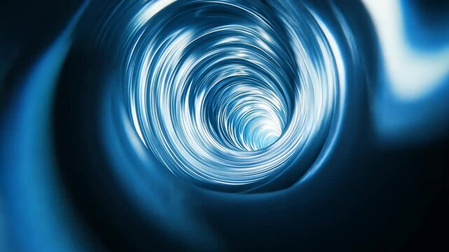 Abstract swirling blue tunnel leading to bright light.  Depth and motion implied