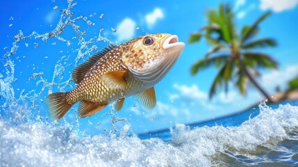 Tropical fish leaping, ocean splash, palm beach
