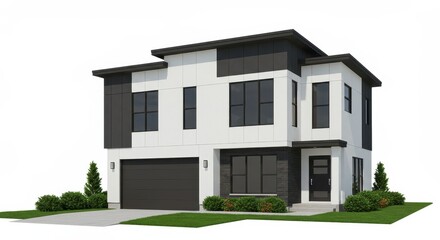 A modern two story house with a black garage door and white and black siding on a white background