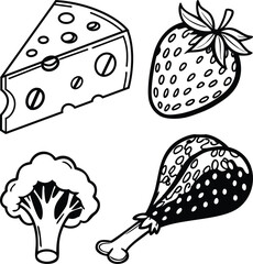 Hand Drawn Food Icons, Cheese, Strawberry, Broccoli, Chicken Drumstick, Leafy Greens, Black and White Illustration