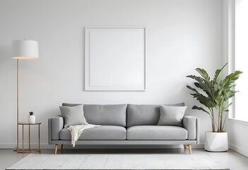 Minimalist Living Room Blank Vertical Frame Mockup Above Sofa