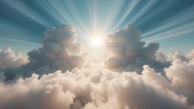 Seamless beautiful realistic skies flying through white infinite clouds towards ground visible over cumulus lush clouds at sunset. Looped 3d 4k ultra HD animation