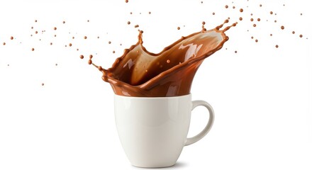 A white mug with a chocolate drink splashing out against a clean white background in a studio shot