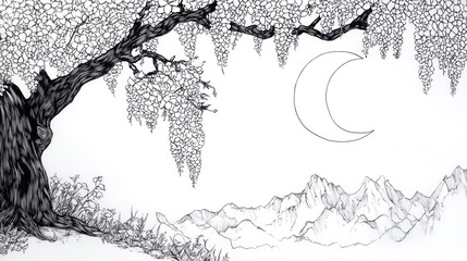 Obraz premium Weeping tree moonlit mountainscape, night scene, peaceful nature illustration