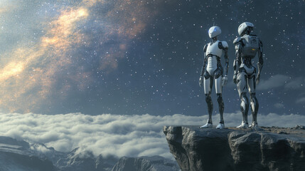 Naklejka premium Human and ai collaboration on cliff edge gigapixel standard inspirational landscape futuristic technology