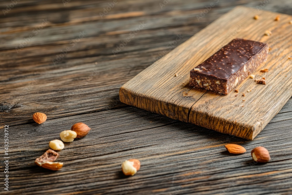 Poster a protein bar with a rich chocolate filling rests on a rustic wooden board, accented by scattered nu