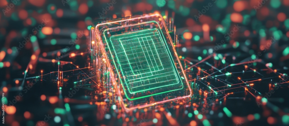 Poster abstract representation of a circuit board with glowing elements creating a futuristic scene