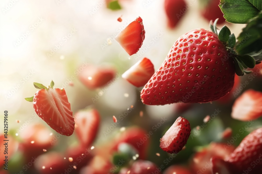 Poster close-up view of a vibrant strawberry with half-slices floating in the air, accentuated by lush gree