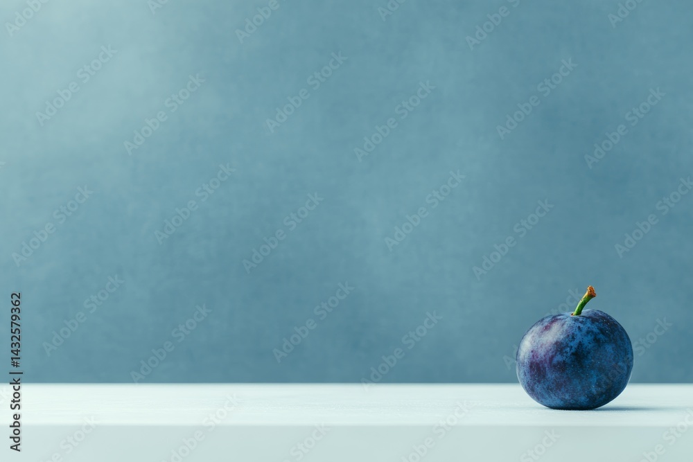 Poster a solitary acai berry showcases its deep purple tones against a white surface illuminated by soft na