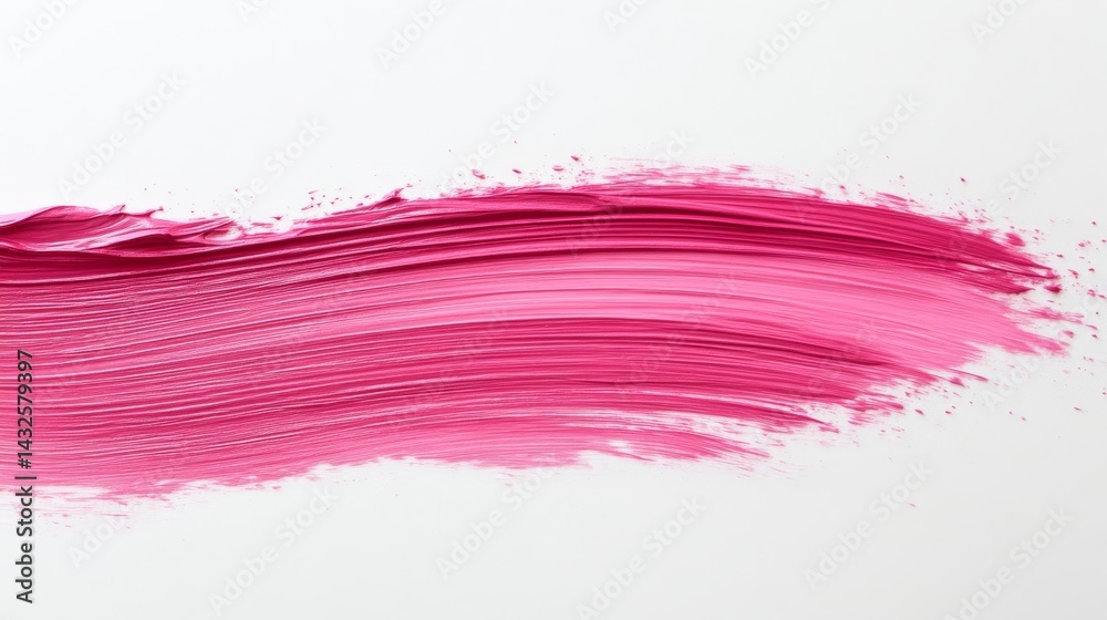 Poster close-up view of a vibrant pink paint stroke featuring textured edges, set against a clean white bac