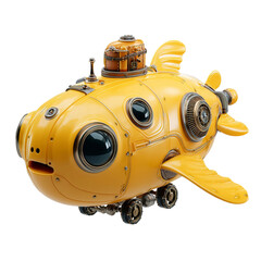 Whimsical Yellow Steampunk Submarine A 3D Render of a Cute Fish-Shaped Submersible