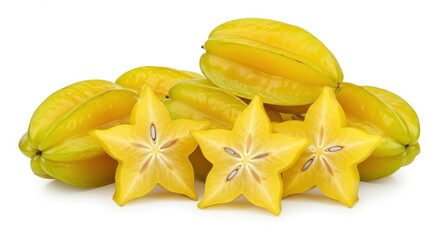 A close up shot of several yellow star fruits, some whole and some sliced, on a white background