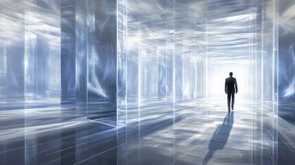 Fototapeta premium A Solitary Figure Walking Towards an Enlightened Future in a Futuristic Glass Corridor