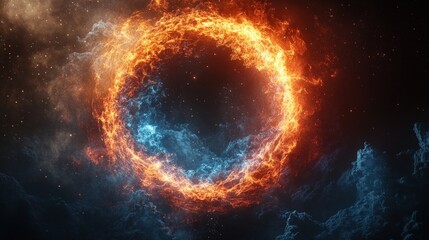 Obraz premium Fiery ring of light over blue nebula, with dark starry background