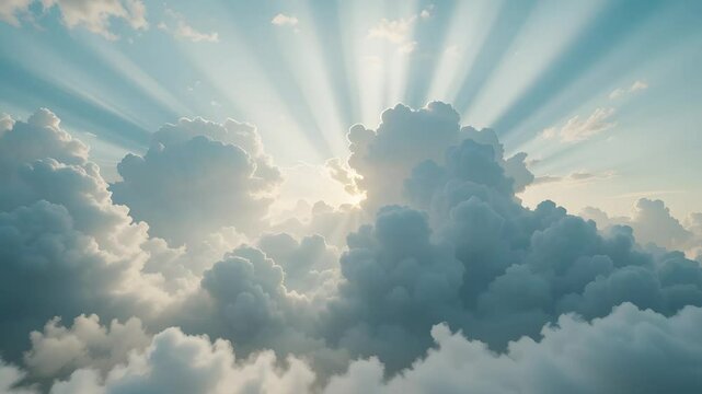 Seamless beautiful realistic skies flying through white infinite clouds towards ground visible over cumulus lush clouds at sunset. Looped 3d 4k ultra HD animation