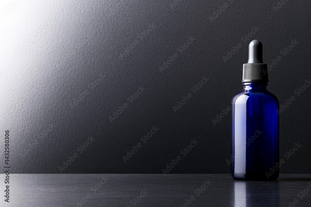 Poster sleek cobalt blue serum bottle with dropper placed on a reflective black surface, accentuated by sof