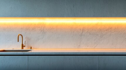 Close-up view of a stylish gold faucet installed above a modern sink. Chic marble backsplash and soft lighting accentuate sophistication in a minimalist kitchen