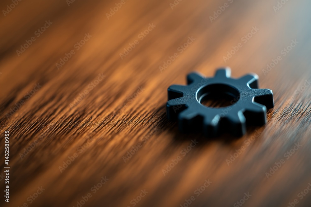 Poster A solitary mechanical cog rests on a textured wooden surface, beautifully highlighting its design and craftsmanship while casting subtle shadows around it