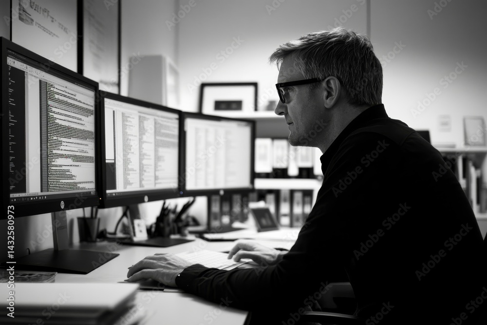 Leinwandbilder software developer is working diligently at a desk in a minimalistic office, with dual monitors disp