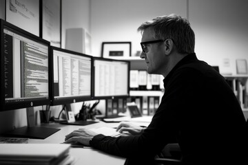 Software developer is working diligently at a desk in a minimalistic office, with dual monitors displaying intricate lines of code and a soft screen glow