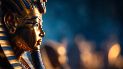 Close-up view of a vibrant replica of King Tutankhamun's burial mask, highlighting intricate design elements and set against a deep blue background