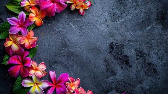 Fototapeta Vibrant lei day celebration with colorful hawaiian flowers on dark background. Horizontal banner. Copy space. Summer background. International day of the tropics
