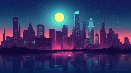 A vibrant cityscape illustration with futuristic and retro aesthetics fusion