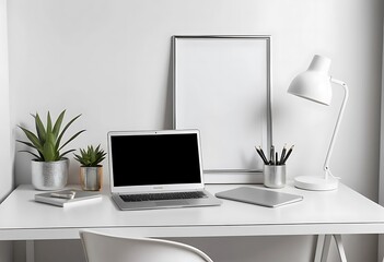 Minimalist Home Office Desk Setup with Laptop, Indoor Plants, Stationery, and Blank Frame Mockup on Wall