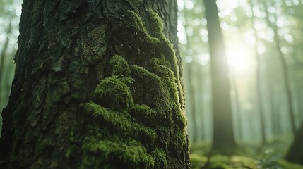 Obraz premium Mossy tree trunk, light shines through a calm, green, misty forest backdrop