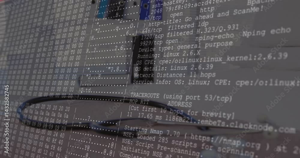 Poster computer screen displaying live network scan and hex dump in grayscale flat design, with eyeglasses