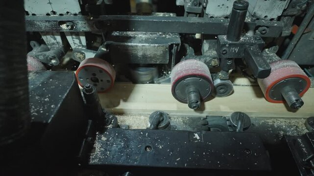 Close-up view about an industrial woodworking machine with rotating forwarder elements in factory settings.