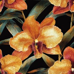 Orchids flowers plants floral blooming botanical seamless pattern ornament design, tile