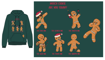 Humorous holiday design featuring six expressive gingerbread cookies with captions like “The Cool One” and “The Snappy One.”