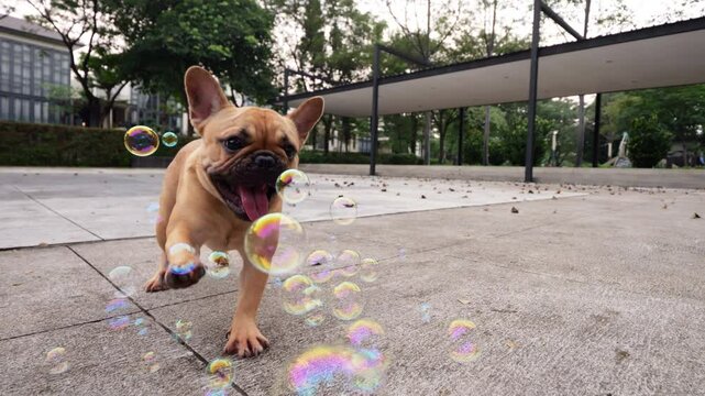 In this playful scene, young French Bulldog eagerly jumps and attempts to capture soap bubbles in its mouth. Puppy's pursuit of bubbly fun is captured in entertaining slow motion