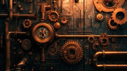 Fototapeta premium Industrial steampunk wall with copper pipes, gears. Background is rustic panels