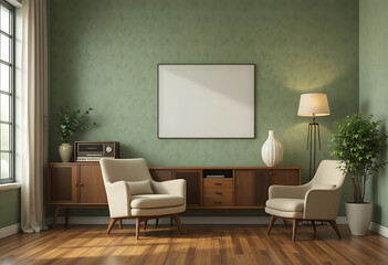 Mid-Century Modern Living Room with Green Walls and Retro Charm