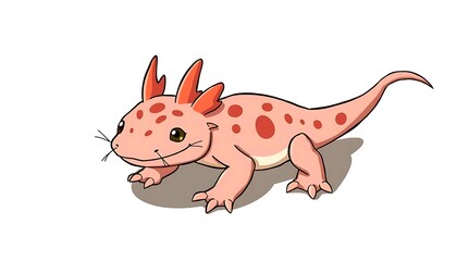 Adorable Cartoon Pink Axolotl with Red Spots and Horns, Isolated on White Background