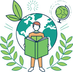 Global education vector graphic with environmental awareness, open book, human figure, and sustainability symbol 